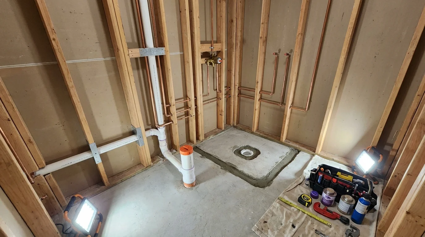 Bathroom rough-in plumbing during remodel by Johns Plumbing LLC in Southgate
