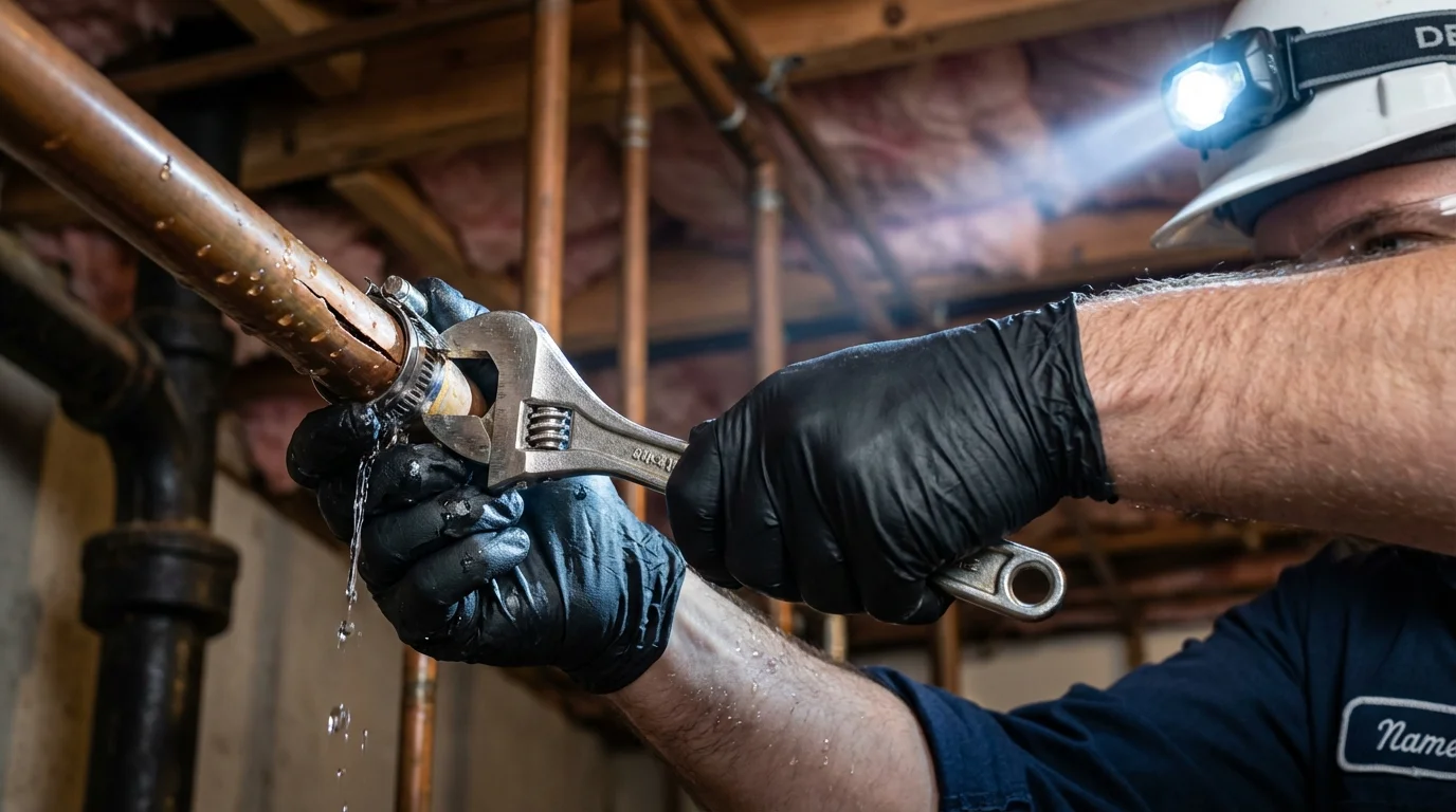 Emergency pipe clamp repair being performed by a Johns Plumbing LLC plumber in Southgate