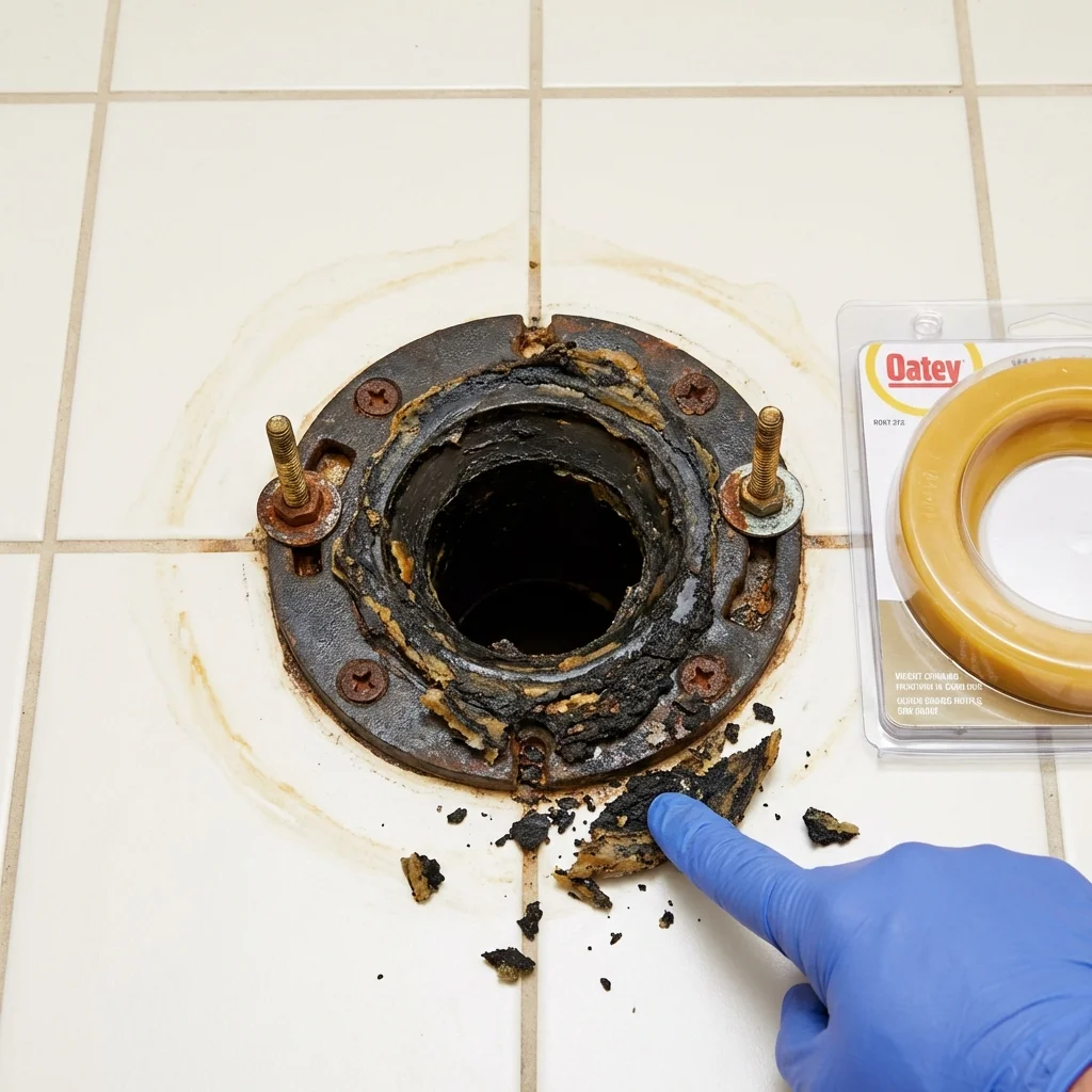 Failed wax ring showing water seepage at the base of a toilet in a Southgate, MI home
