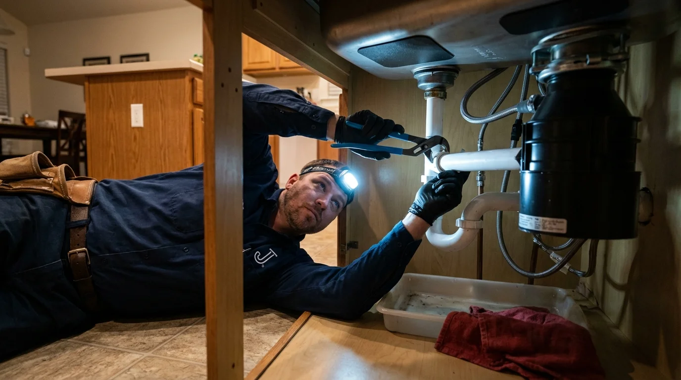 P-trap and supply line connections under a kitchen sink showing a common leak point in Southgate, MI